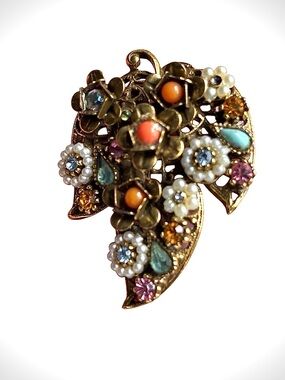 Vintage Art Brooch Statement Piece with Gemstones and Seed Pearls